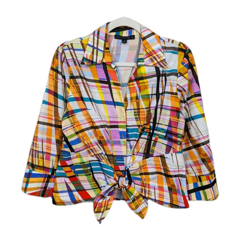 LAFAYETTE 148 NY Multicolored Abstract Print Cotton Tie Front Shirt Women's 8